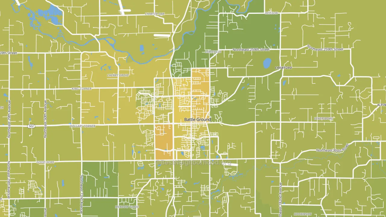 Map of the best neighborhoods in the Battle Ground area, with better matches in green and worse matches in red