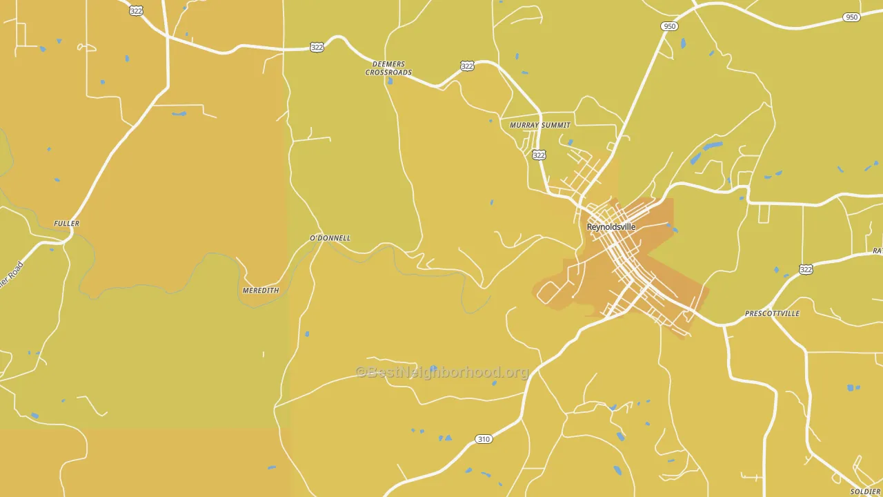 Map of the best neighborhoods in the Battle Hollow area, with better matches in green and worse matches in red