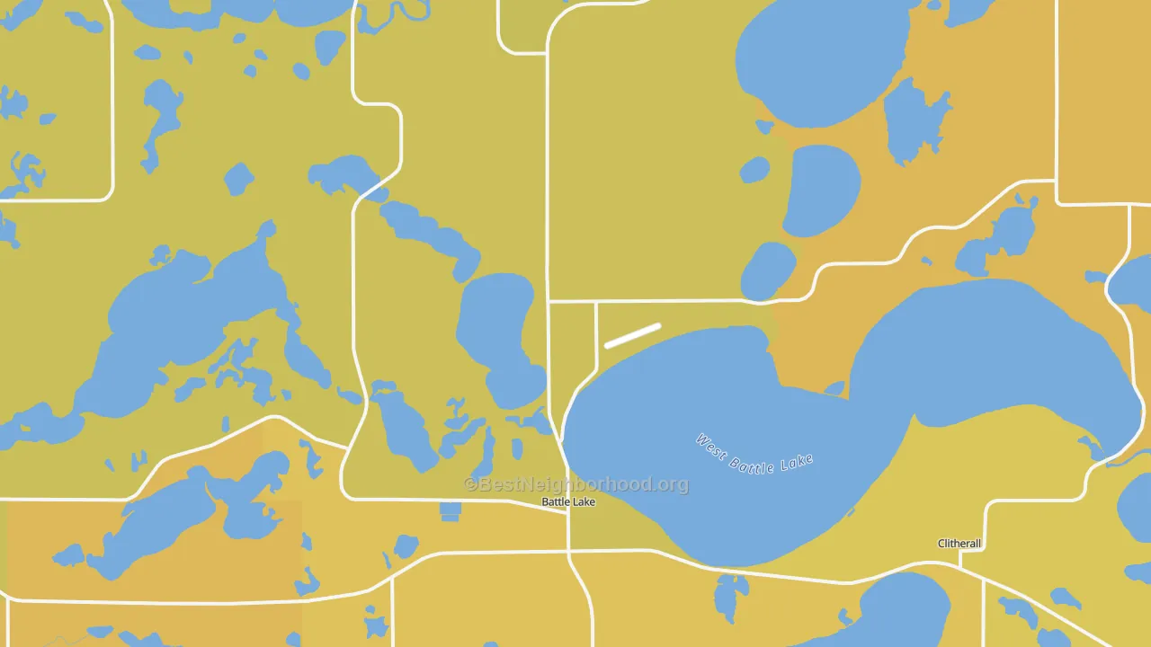 Map of the best neighborhoods in the Battle Lake area, with better matches in green and worse matches in red