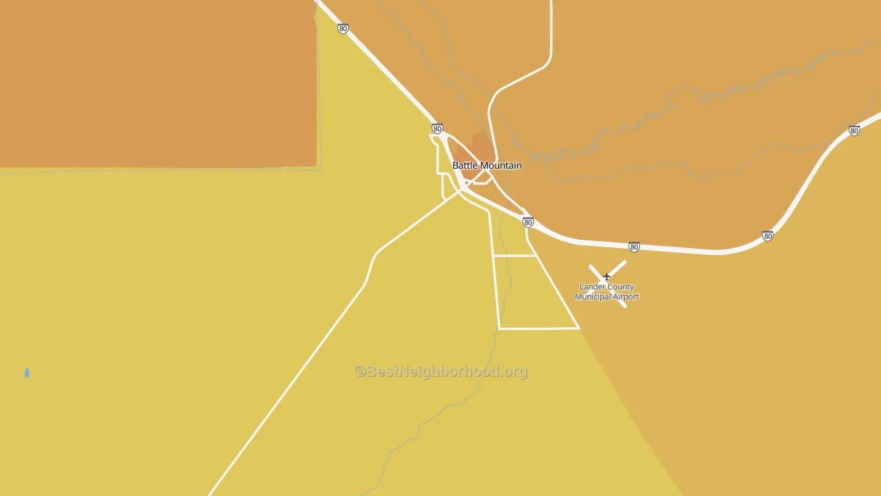 Map of the best neighborhoods in the Battle Mountain area, with better matches in green and worse matches in red