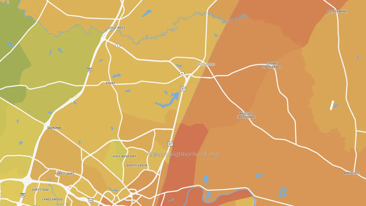 Map of the best neighborhoods in the Battleboro area, with better matches in green and worse matches in red