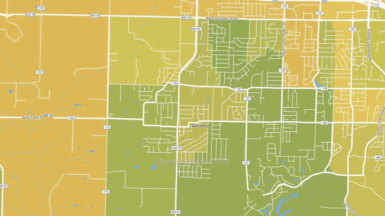 Map of the best neighborhoods in the Battlefield area, with better matches in green and worse matches in red