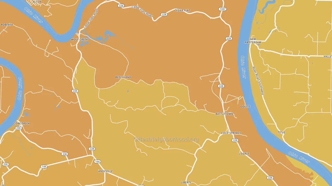 Map of the best neighborhoods in the Battletown area, with better matches in green and worse matches in red