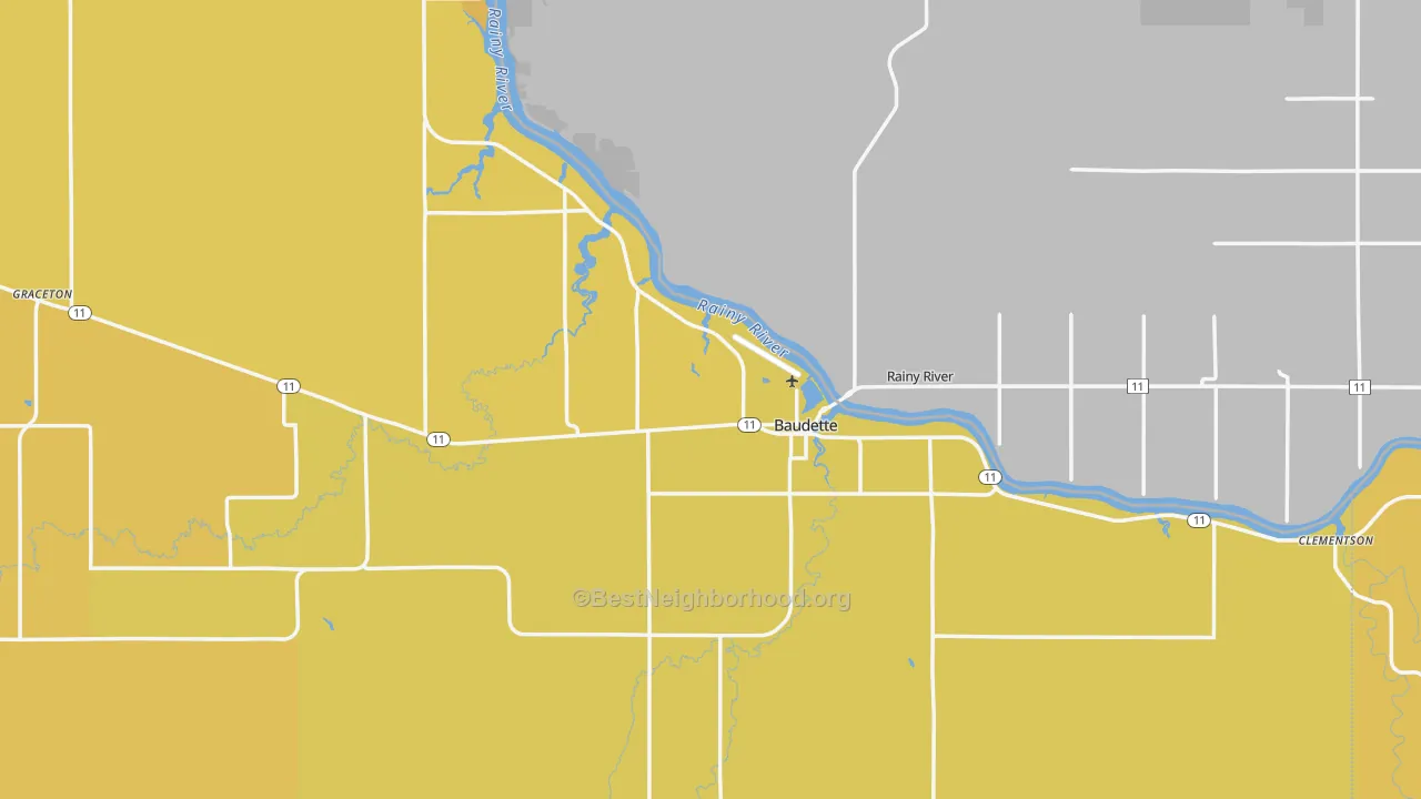 Map of the best neighborhoods in the Baudette area, with better matches in green and worse matches in red