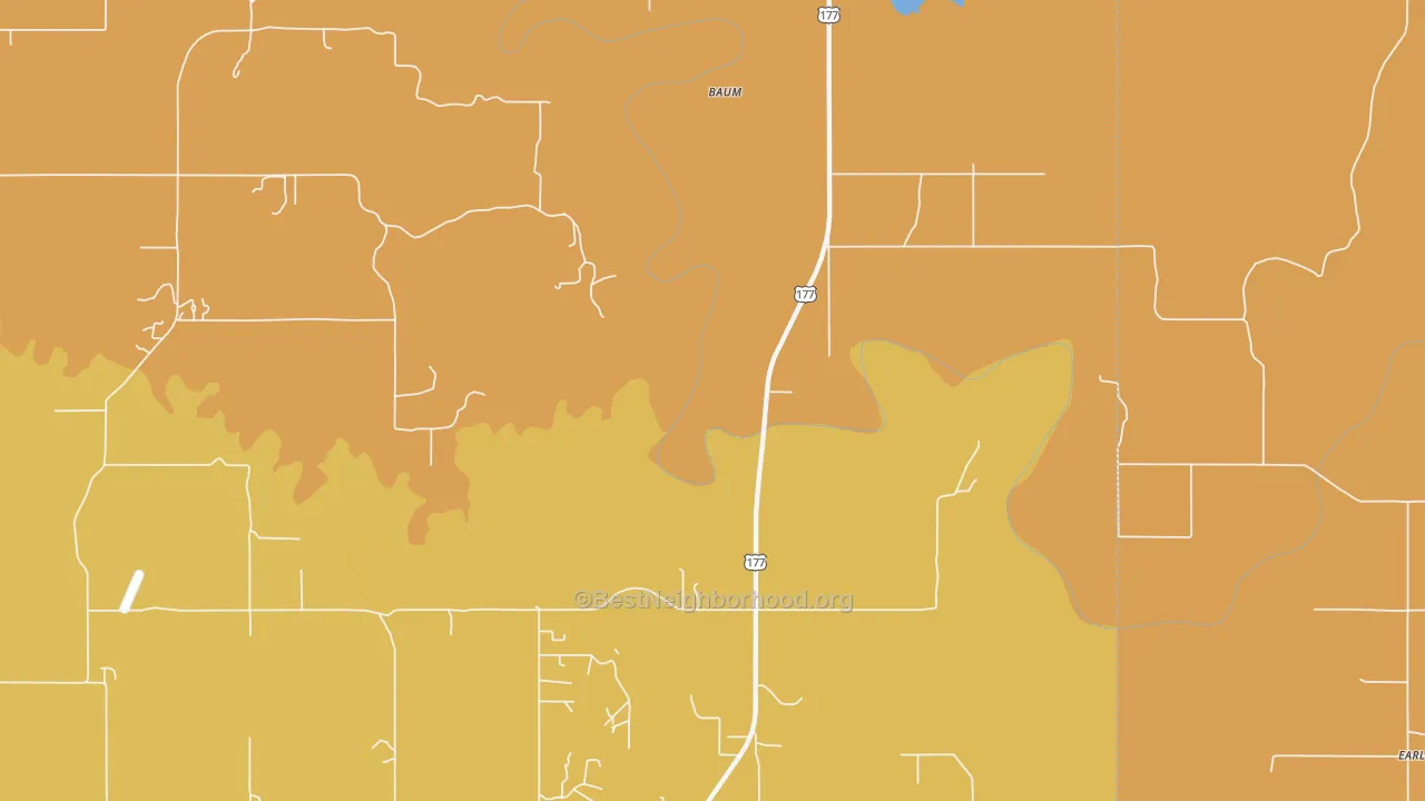 Map of the best neighborhoods in the Baum area, with better matches in green and worse matches in red