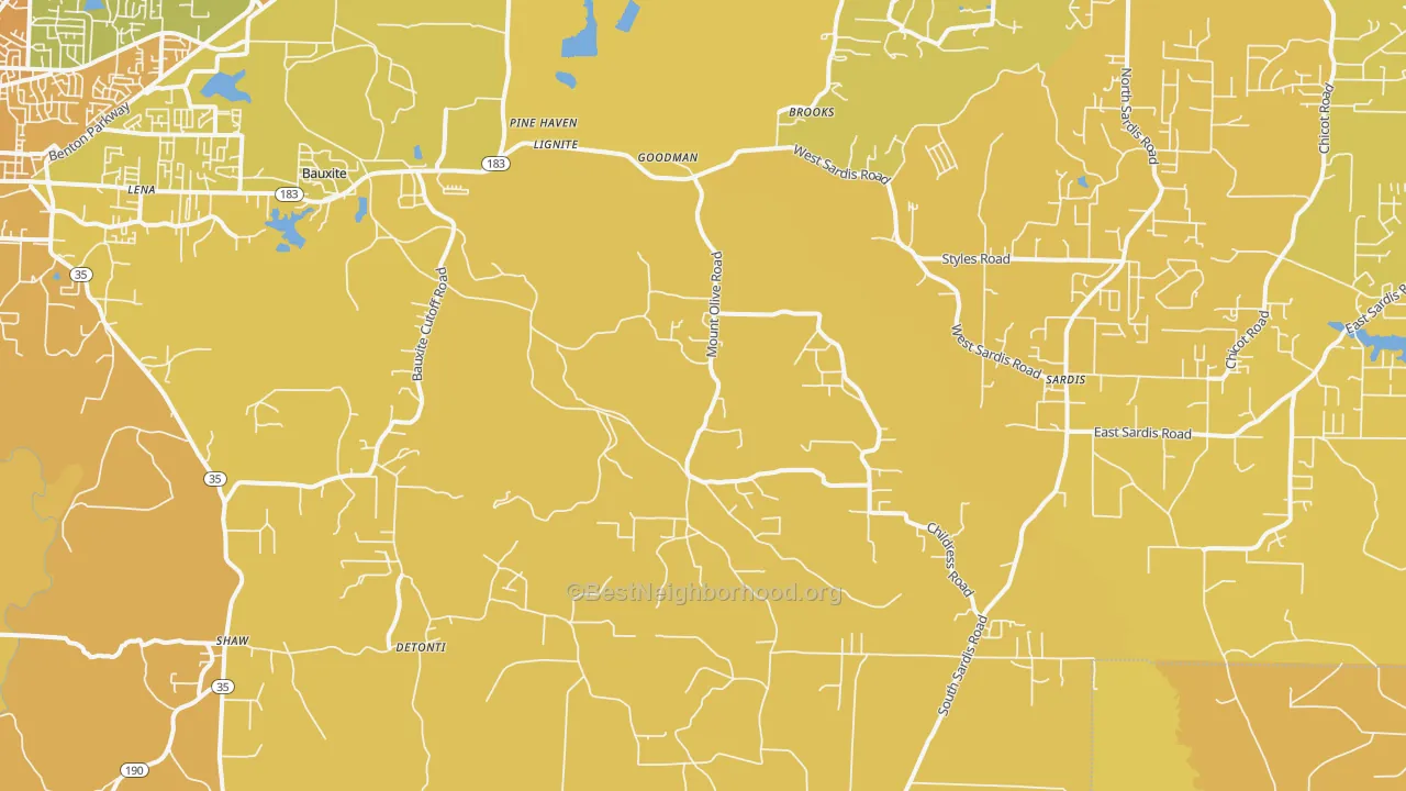 Map of the best neighborhoods in the Bauxite area, with better matches in green and worse matches in red