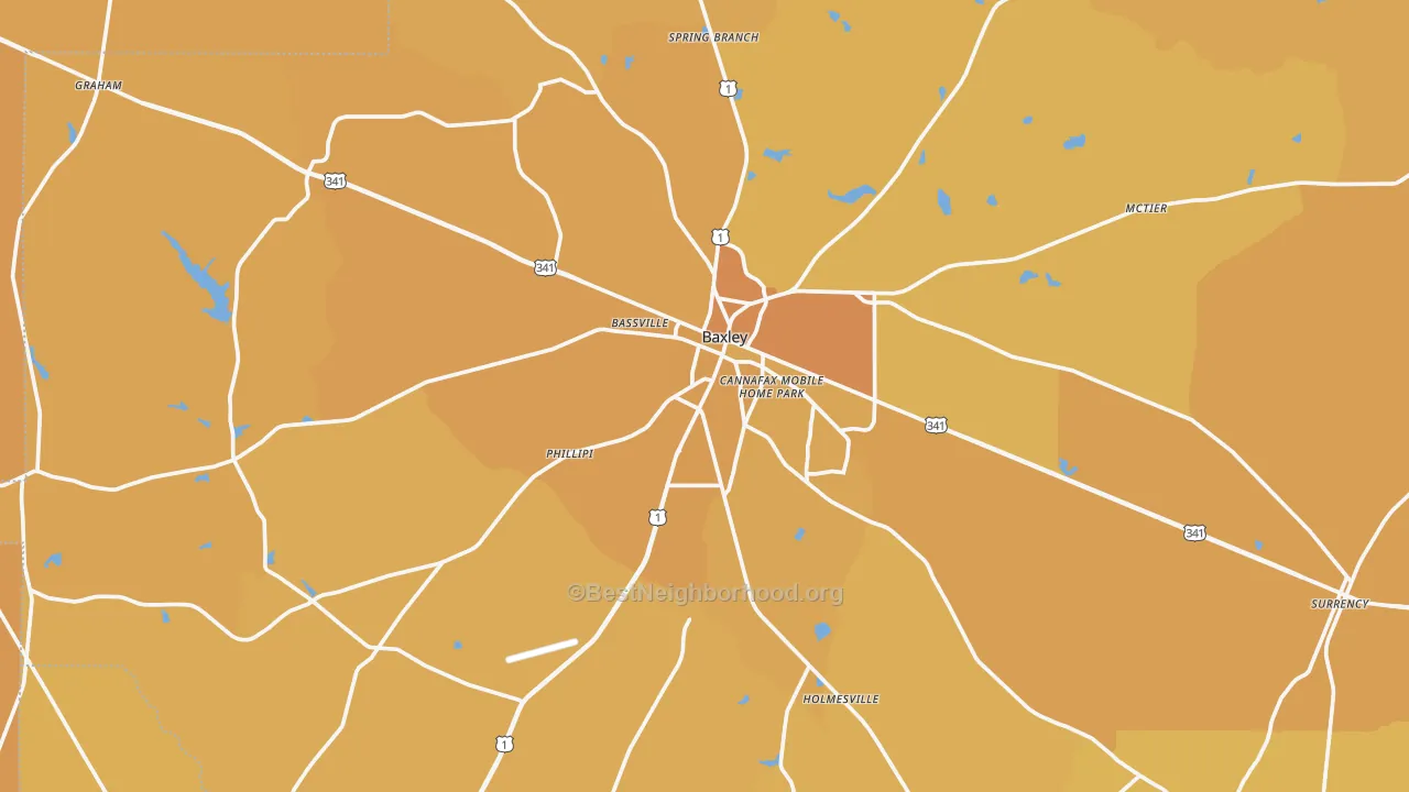 Map of the best neighborhoods in the Baxley area, with better matches in green and worse matches in red