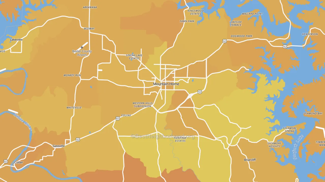 Map of the best neighborhoods in the Baxter County area, with better matches in green and worse matches in red