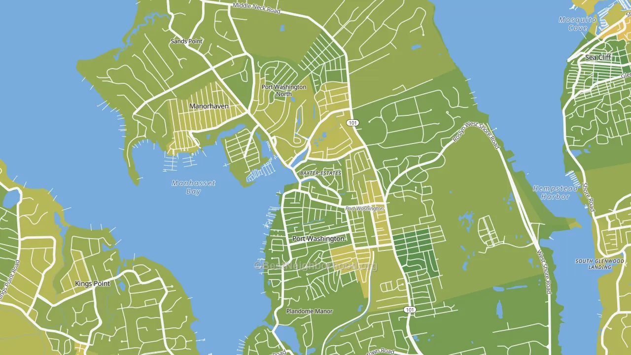 Map of the best neighborhoods in the Baxter Estates area, with better matches in green and worse matches in red