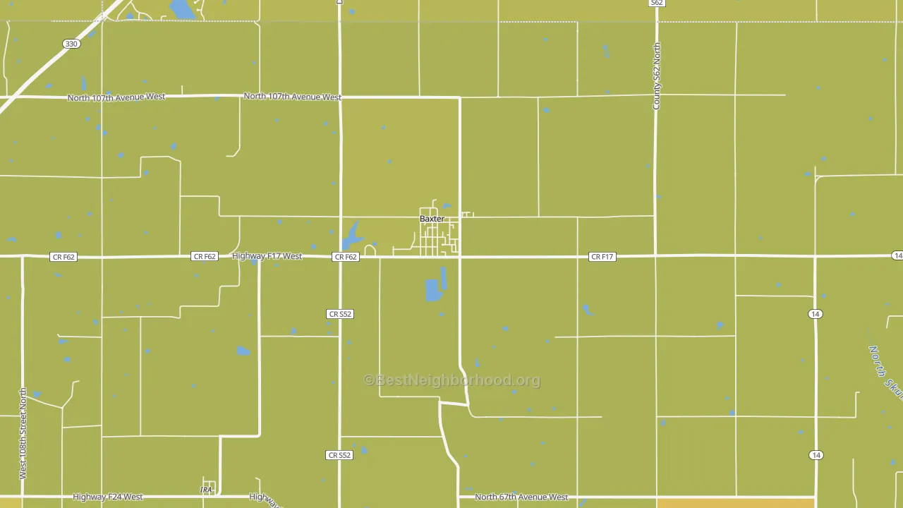 Map of the best neighborhoods in the Baxter area, with better matches in green and worse matches in red