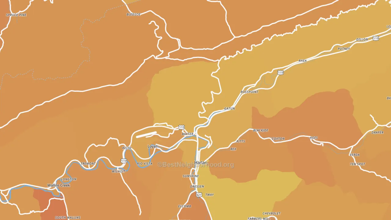 Map of the best neighborhoods in the Baxter area, with better matches in green and worse matches in red