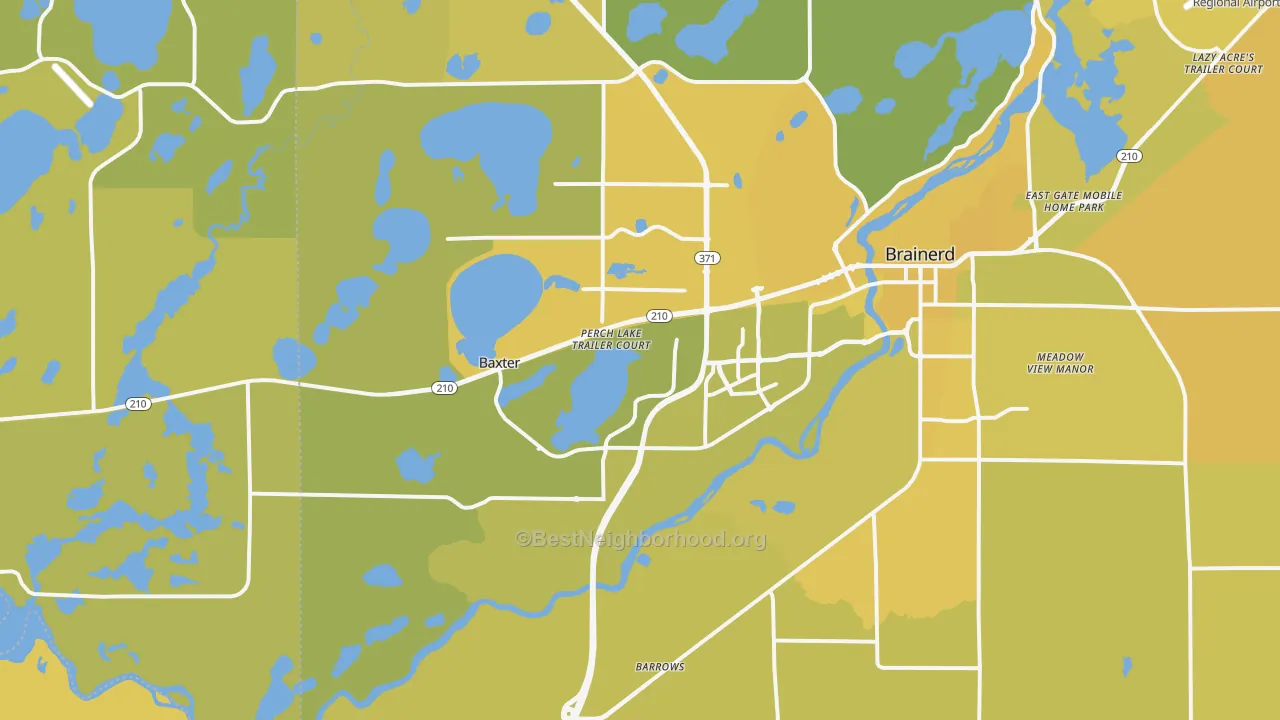 Map of the best neighborhoods in the Baxter area, with better matches in green and worse matches in red
