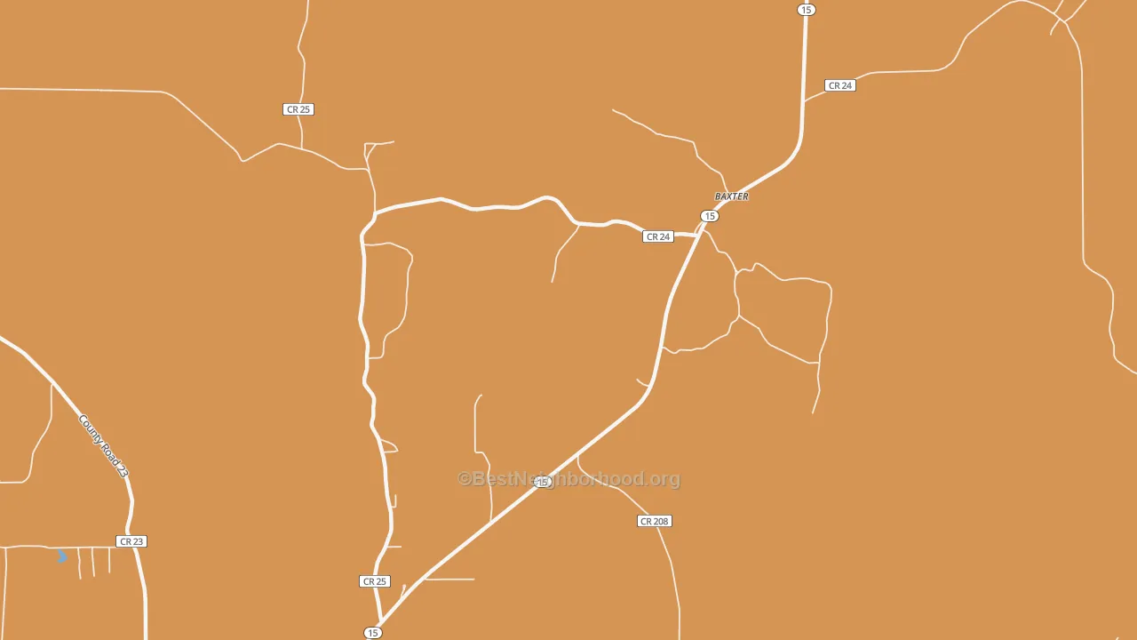 Map of the best neighborhoods in the Baxter area, with better matches in green and worse matches in red