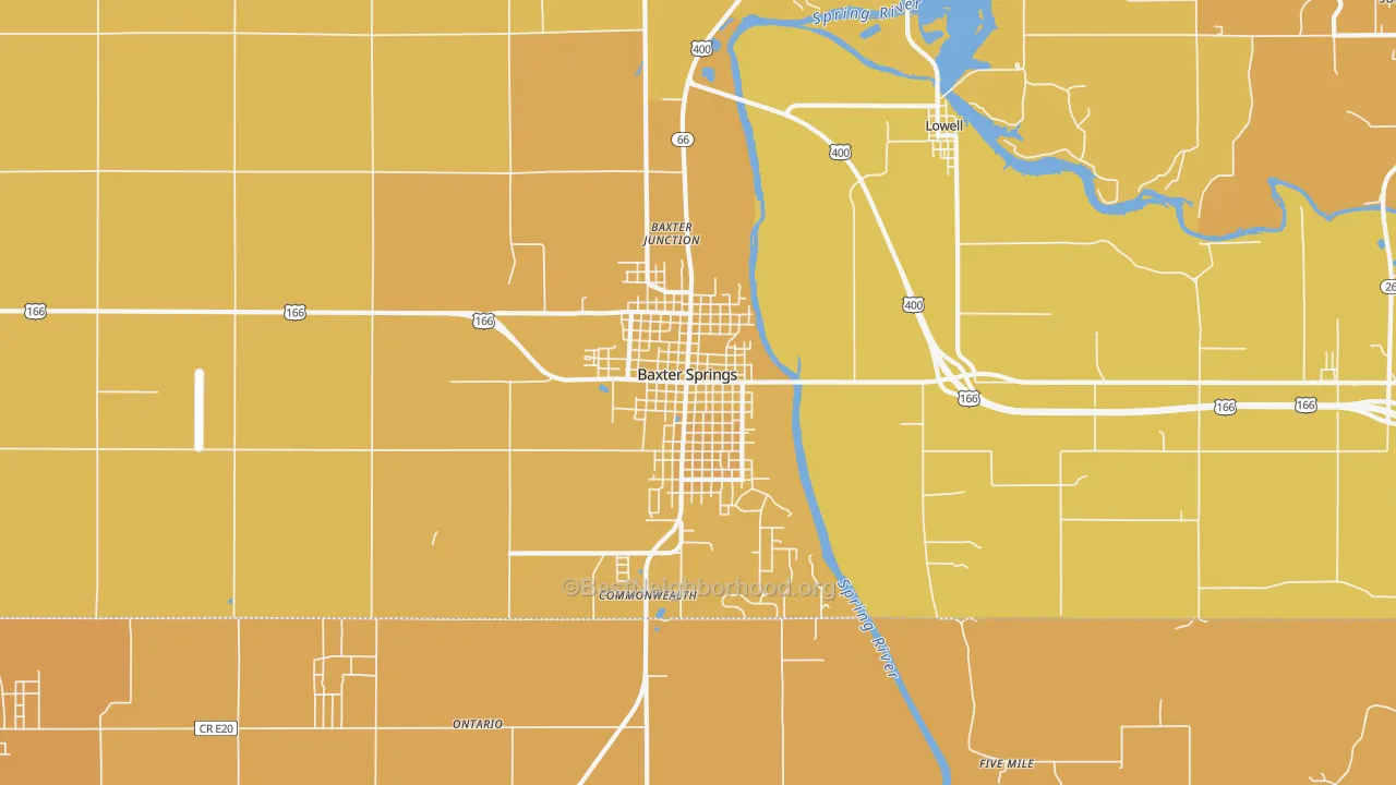Map of the best neighborhoods in the Baxter Springs area, with better matches in green and worse matches in red