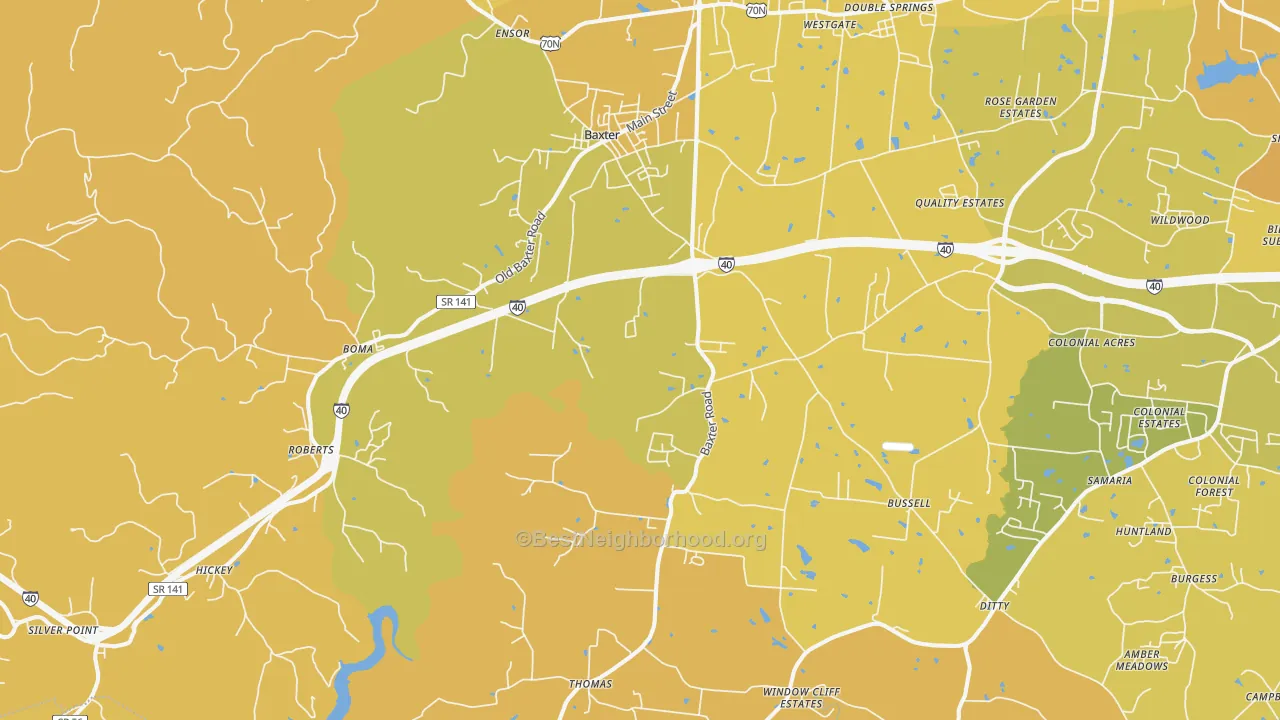 Map of the best neighborhoods in the Baxter area, with better matches in green and worse matches in red