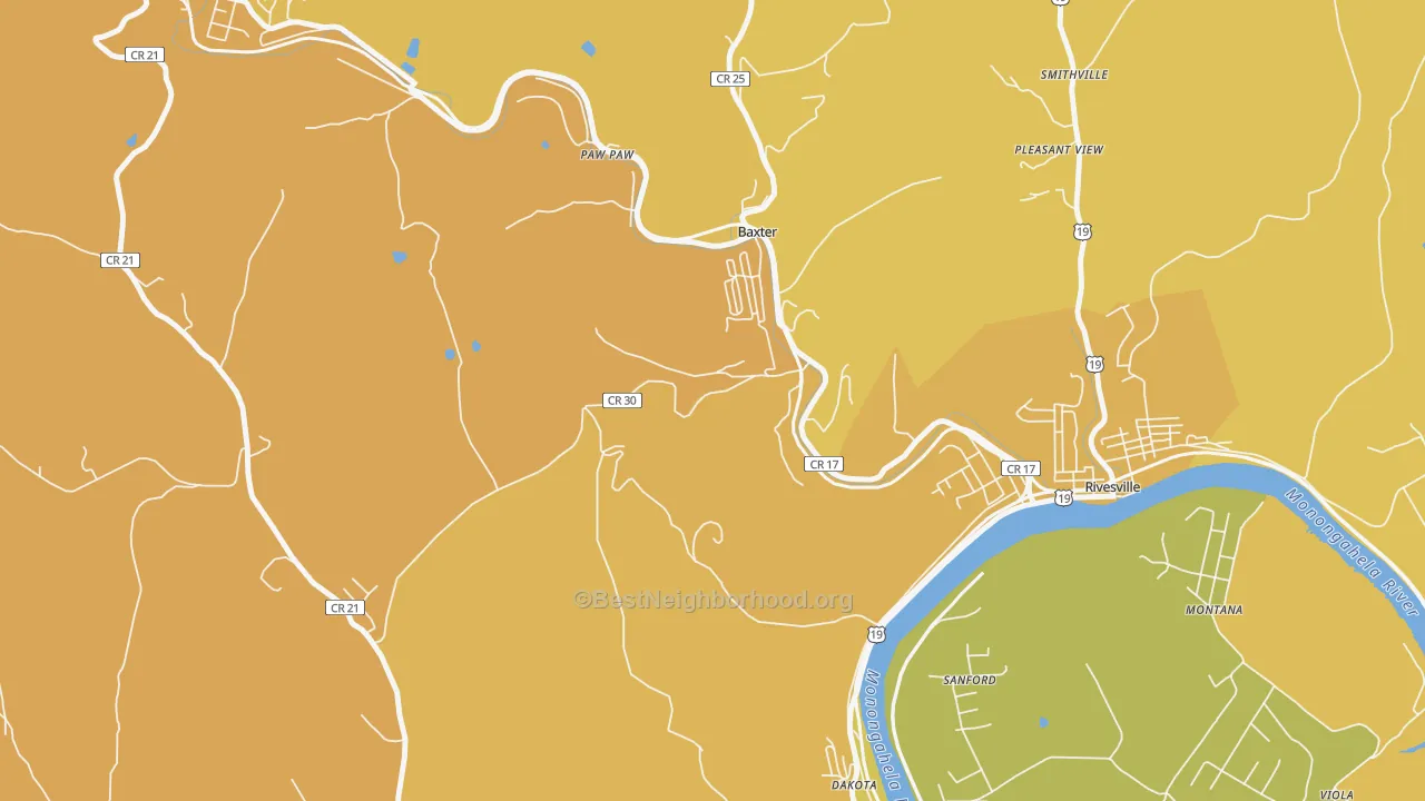 Map of the best neighborhoods in the Baxter area, with better matches in green and worse matches in red
