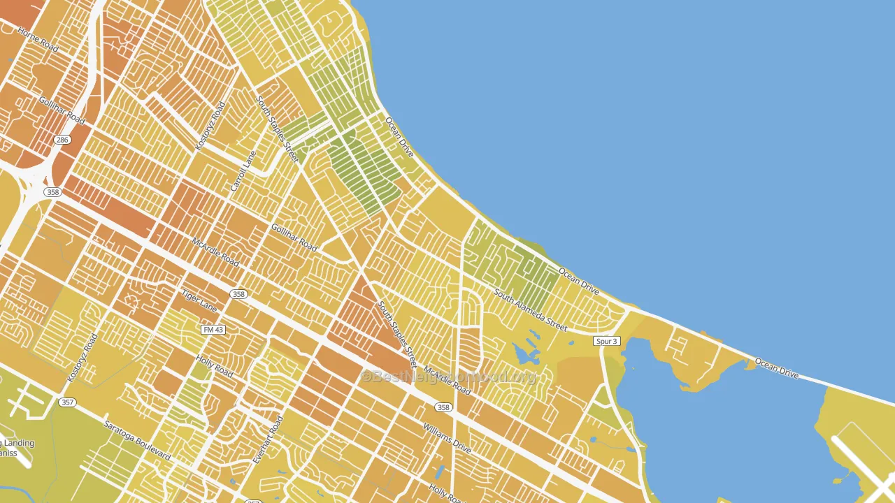 Map of the best neighborhoods in the Bay Area, Corpus Christi area, with better matches in green and worse matches in red