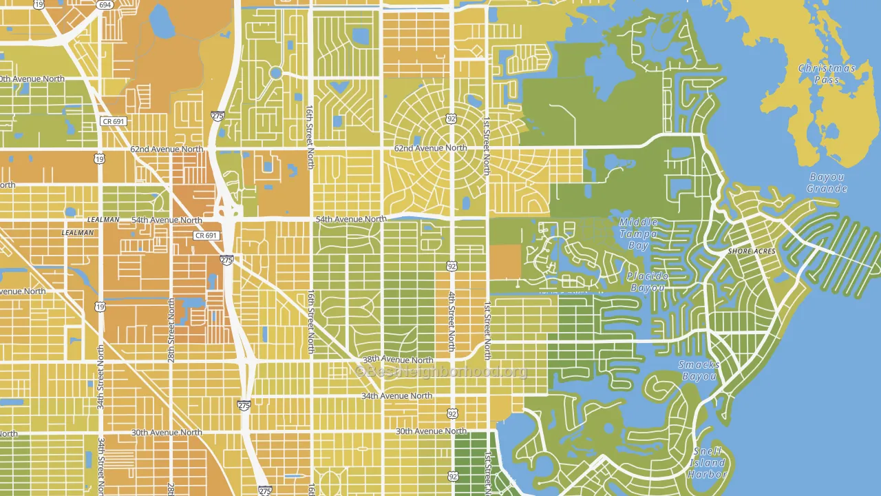 Map of the best neighborhoods in the Bay Breeze Cove, St. Petersburg area, with better matches in green and worse matches in red