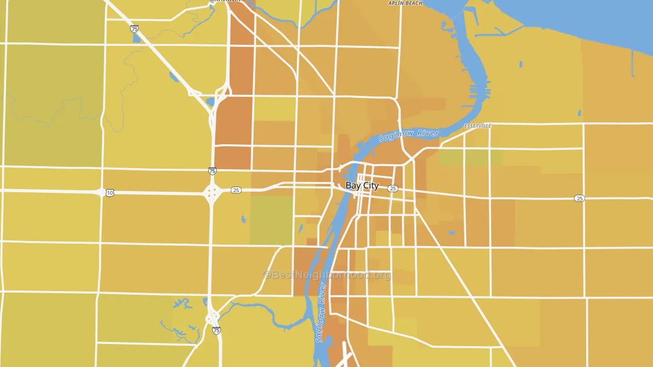 Map of the best neighborhoods in the Bay City Metro area, with better matches in green and worse matches in red