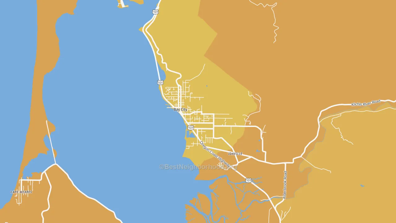 Map of the best neighborhoods in the Bay City area, with better matches in green and worse matches in red