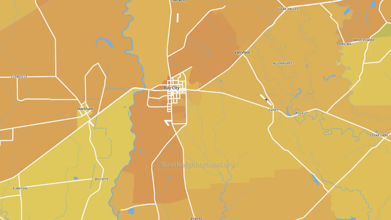 Map of the best neighborhoods in the Bay City area, with better matches in green and worse matches in red