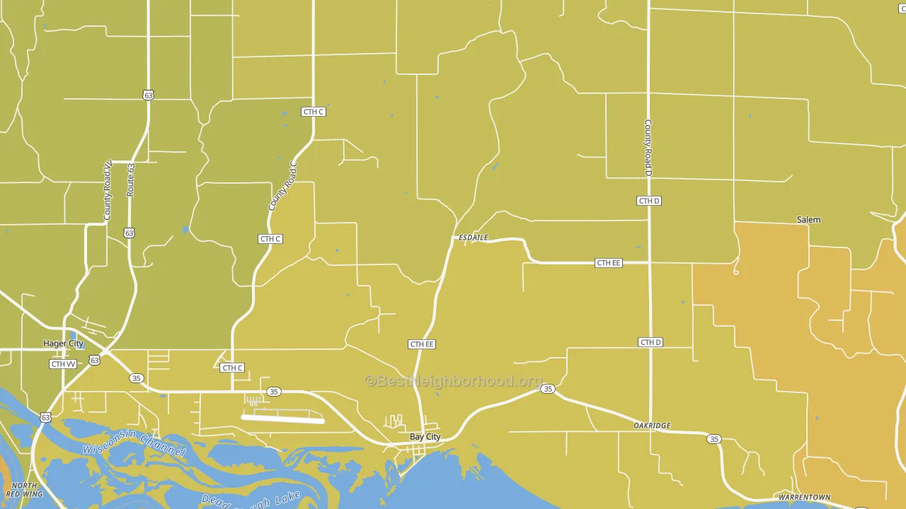 Map of the best neighborhoods in the Bay City area, with better matches in green and worse matches in red