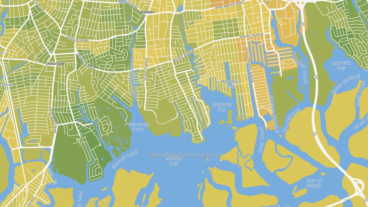 Map of the best neighborhoods in the Bay Colony, Baldwin Harbor area, with better matches in green and worse matches in red