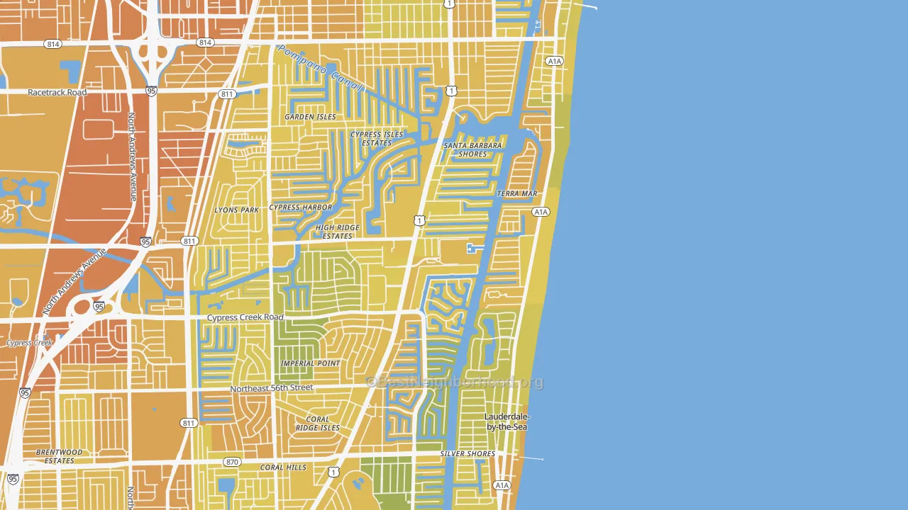 Map of the best neighborhoods in the Bay Colony, Fort Lauderdale area, with better matches in green and worse matches in red