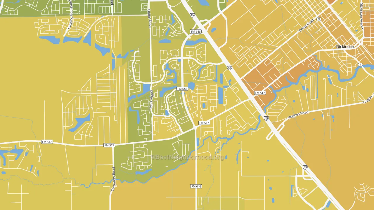 Map of the best neighborhoods in the Bay Colony, League City area, with better matches in green and worse matches in red