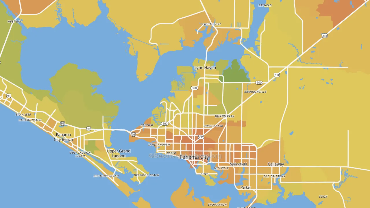 Map of the best neighborhoods in the Bay County area, with better matches in green and worse matches in red