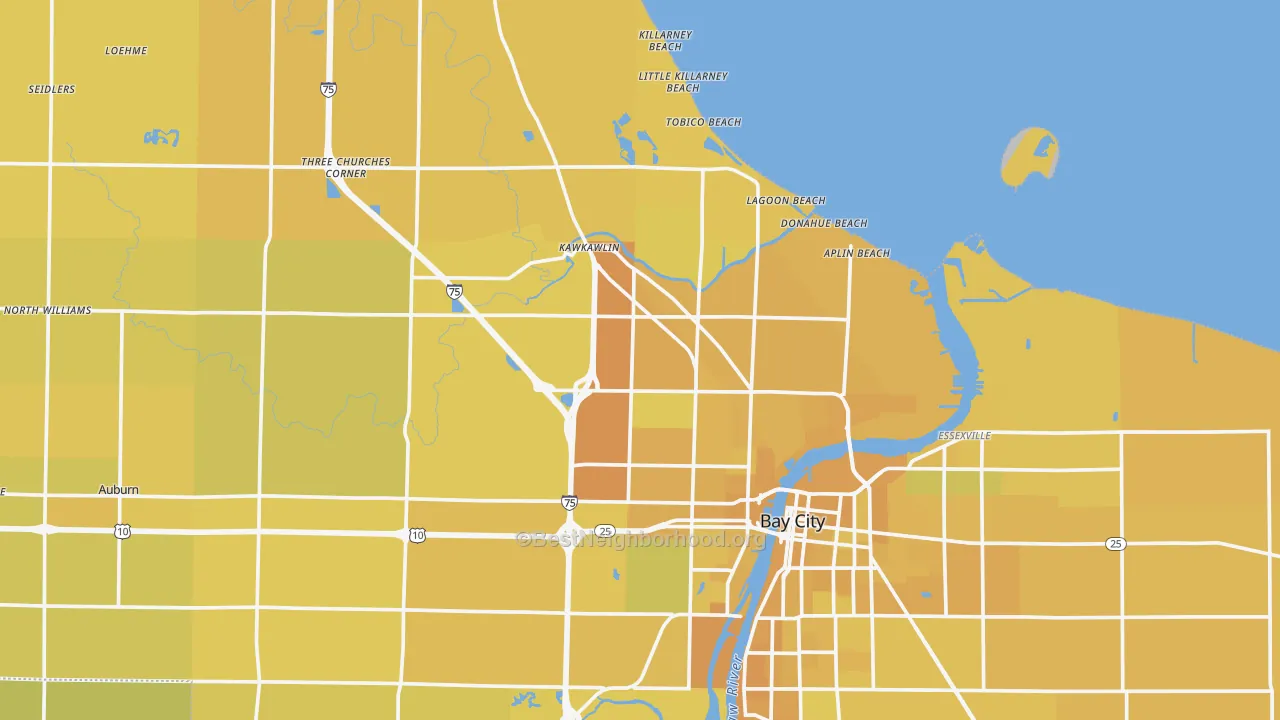 Map of the best neighborhoods in the Bay County area, with better matches in green and worse matches in red
