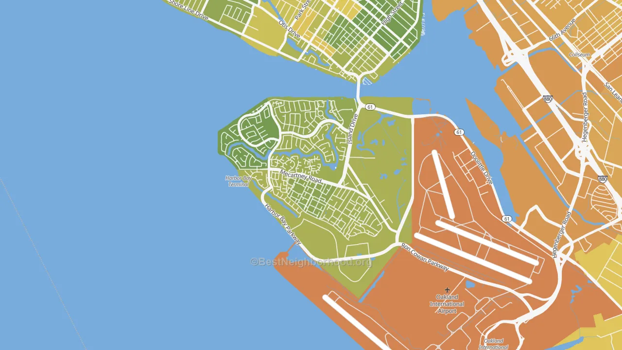 Map of the best neighborhoods in the Bay Farm Island, Alameda area, with better matches in green and worse matches in red