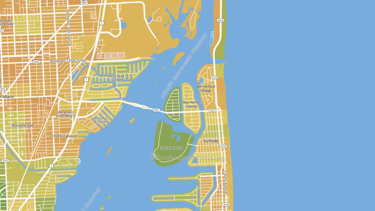 Map of the best neighborhoods in the Bay Harbor Islands area, with better matches in green and worse matches in red