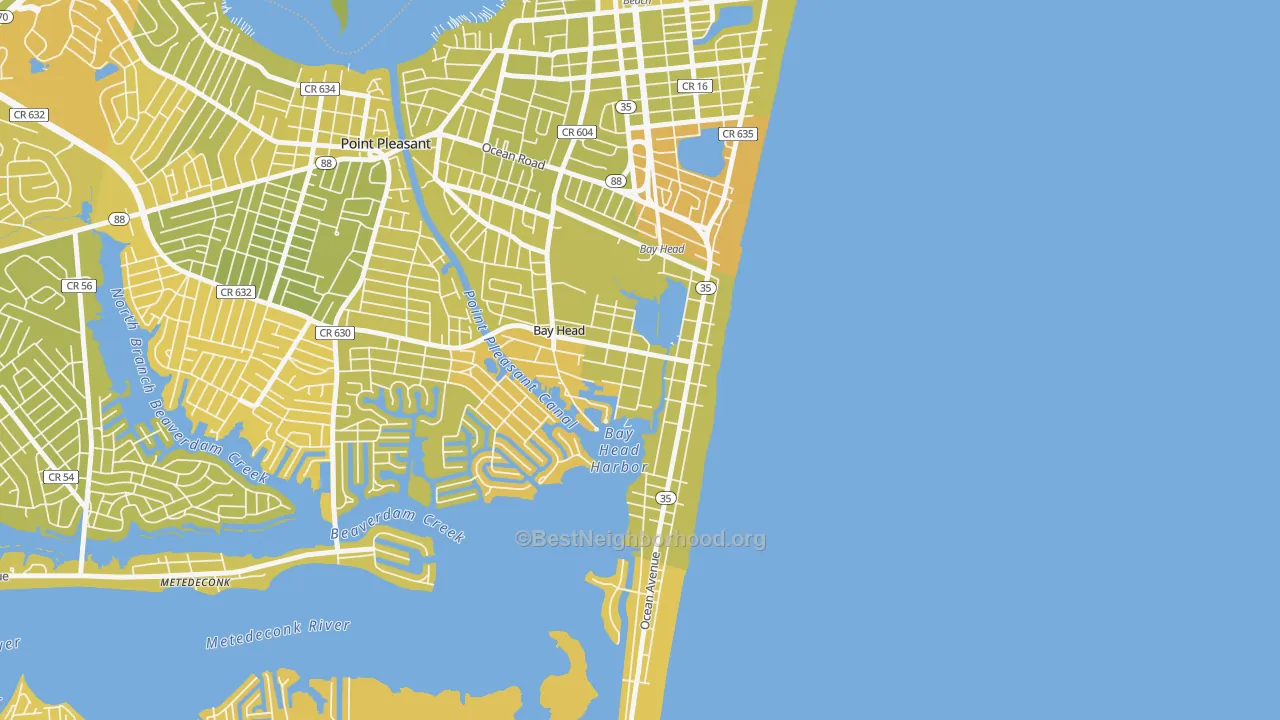 Map of the best neighborhoods in the Bay Head area, with better matches in green and worse matches in red
