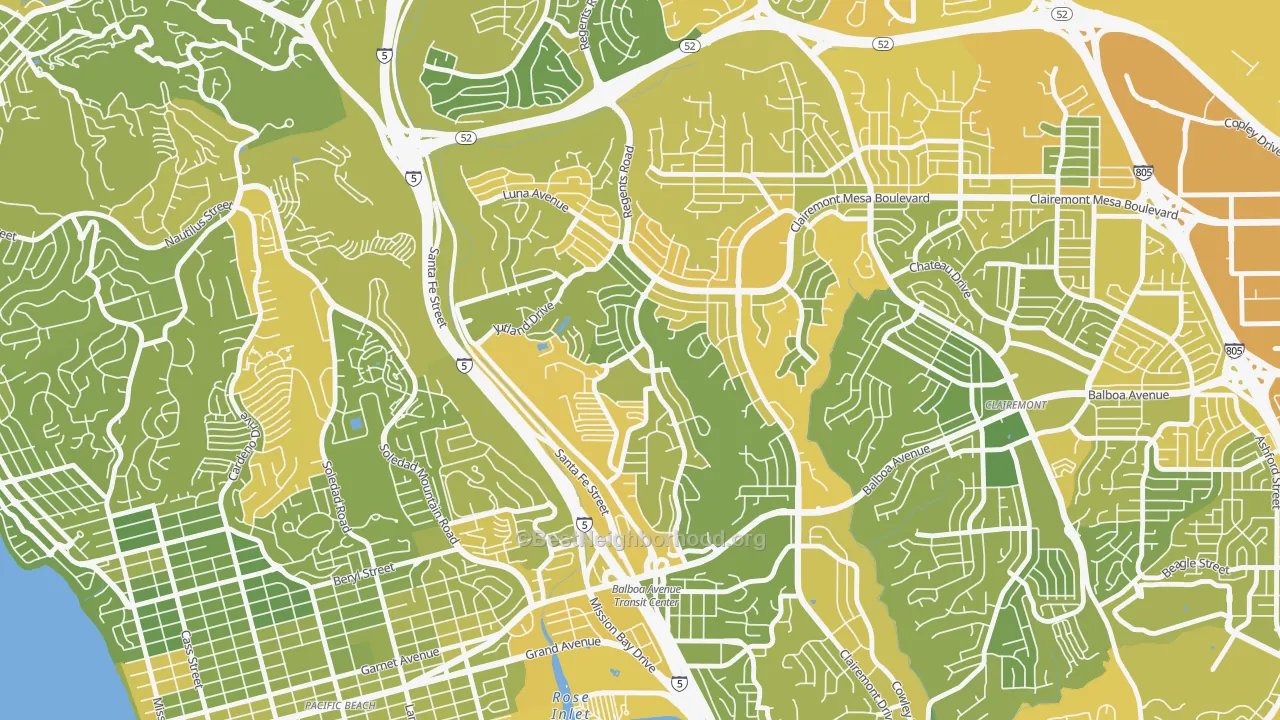 Map of the best neighborhoods in the Bay Ho, San Diego area, with better matches in green and worse matches in red