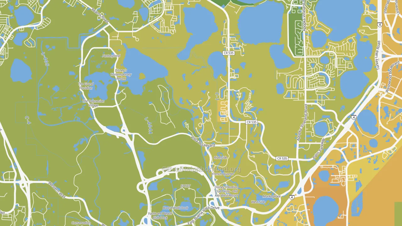 Map of the best neighborhoods in the Bay Lake area, with better matches in green and worse matches in red