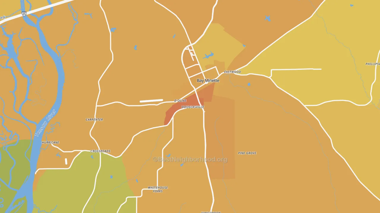 Map of the best neighborhoods in the Bay Minette area, with better matches in green and worse matches in red