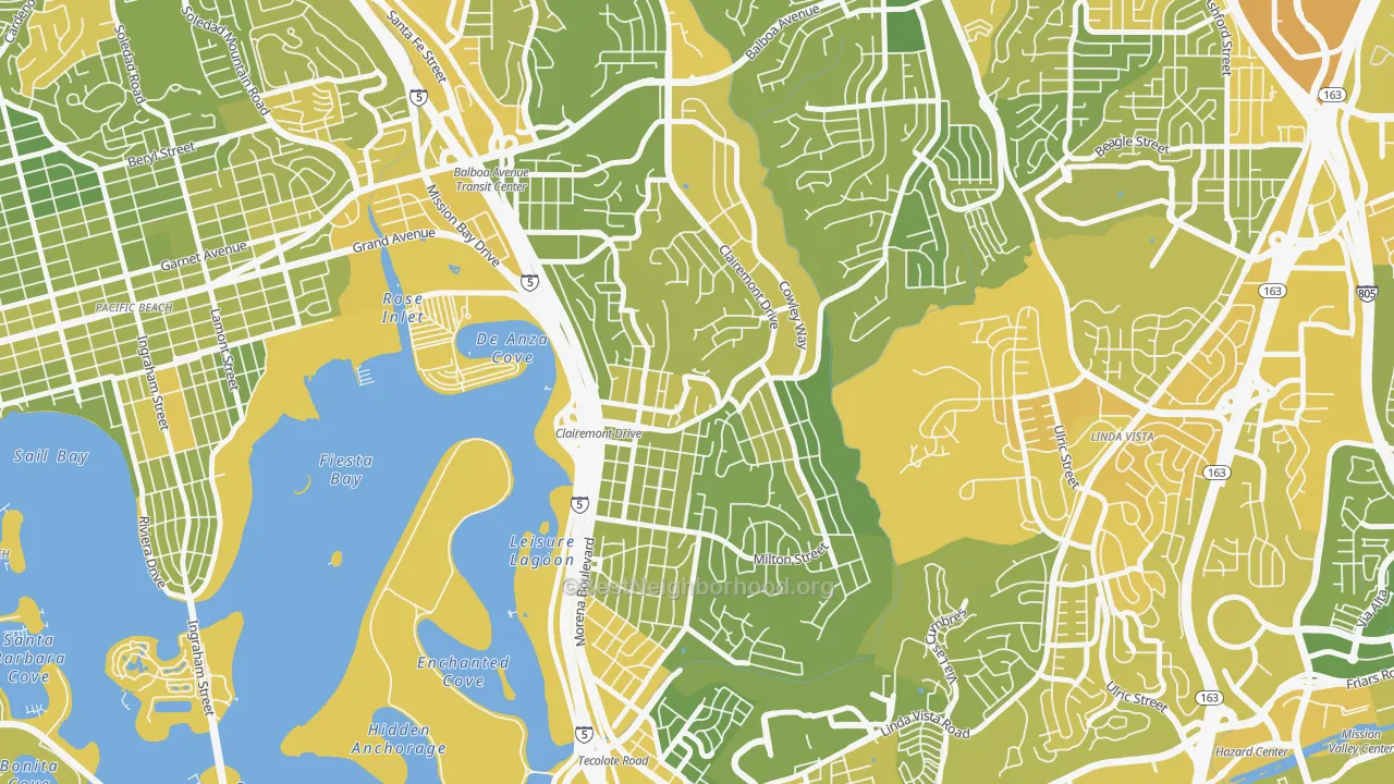 Map of the best neighborhoods in the Bay Park, San Diego area, with better matches in green and worse matches in red