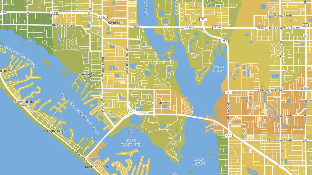Map of the best neighborhoods in the Bay Pines area, with better matches in green and worse matches in red
