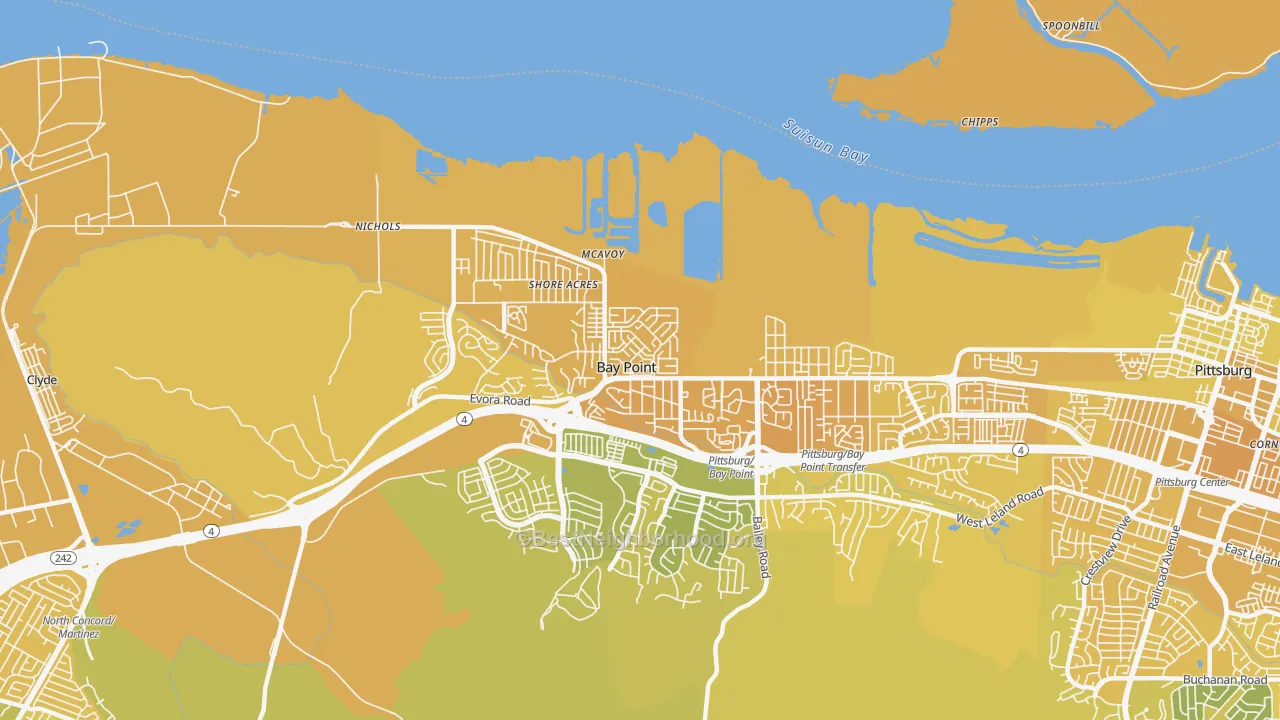 Map of the best neighborhoods in the Bay Point area, with better matches in green and worse matches in red