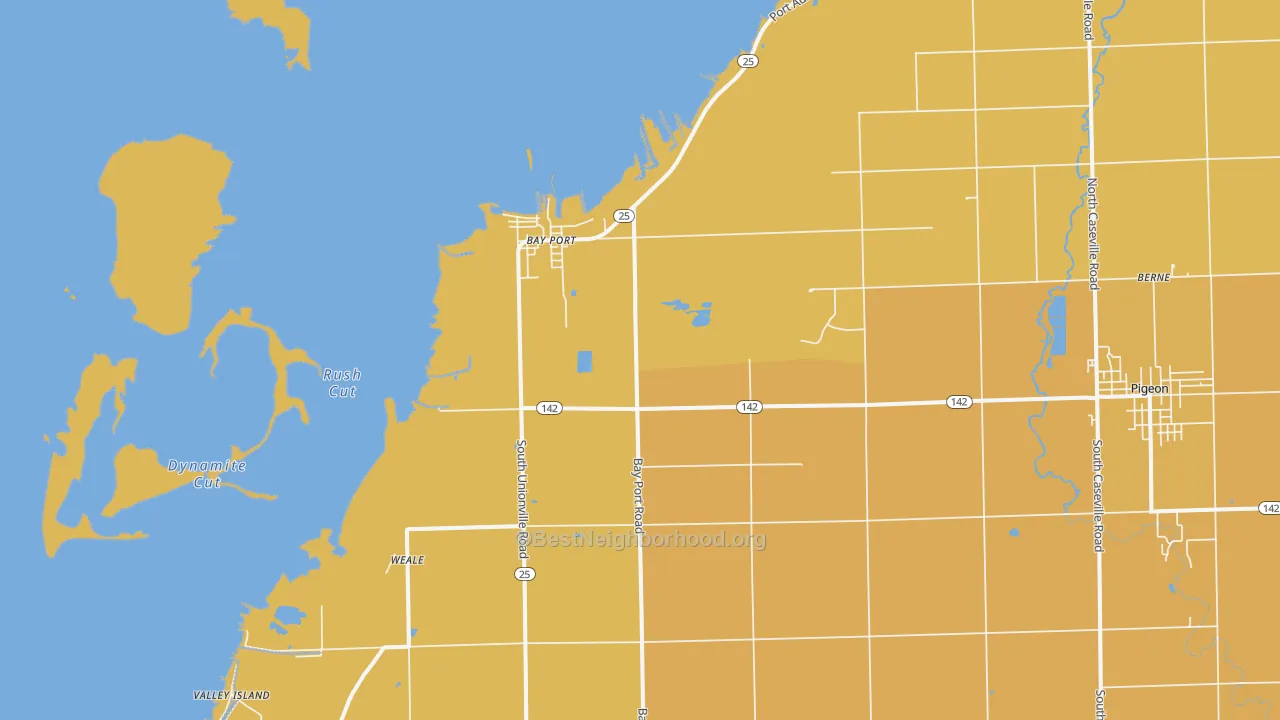 Map of the best neighborhoods in the Bay Port area, with better matches in green and worse matches in red
