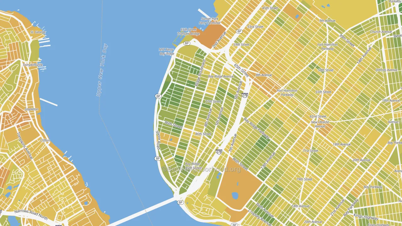 Map of the best neighborhoods in the Bay Ridge-Fort Hamilton, Brooklyn area, with better matches in green and worse matches in red