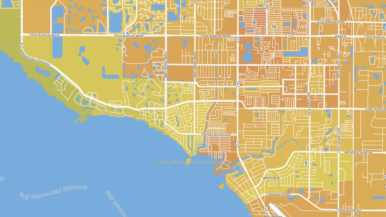 Map of the best neighborhoods in the Bay Shore Gardens, Bayshore Gardens area, with better matches in green and worse matches in red