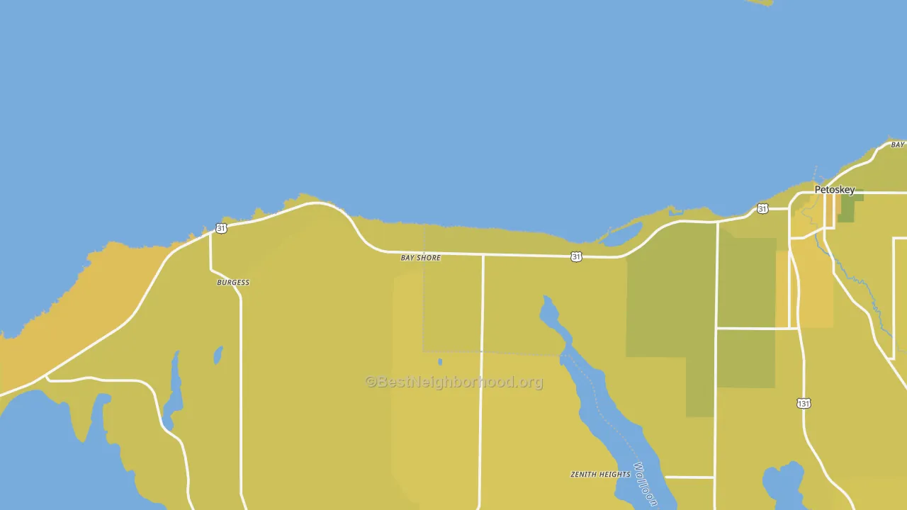 Map of the best neighborhoods in the Bay Shore area, with better matches in green and worse matches in red