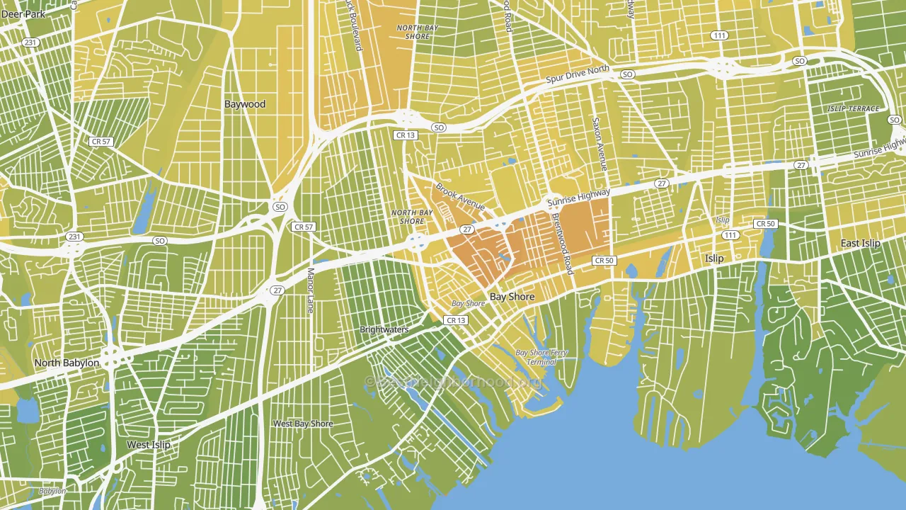 Map of the best neighborhoods in the Bay Shore area, with better matches in green and worse matches in red