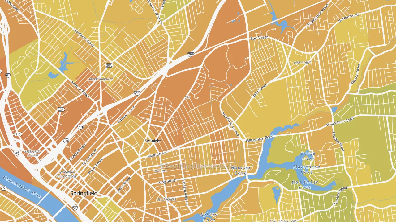 Map of the best neighborhoods in the Bay, Springfield area, with better matches in green and worse matches in red