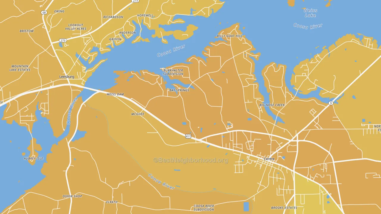 Map of the best neighborhoods in the Bay Springs area, with better matches in green and worse matches in red