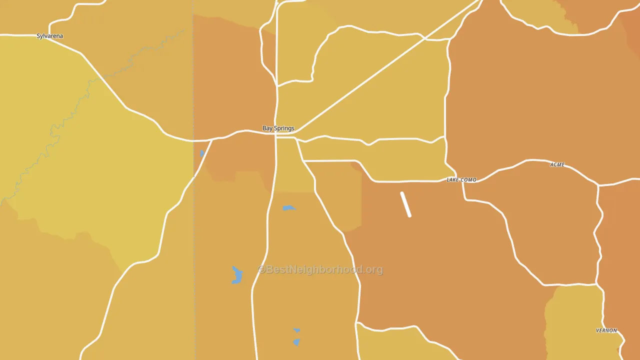 Map of the best neighborhoods in the Bay Springs area, with better matches in green and worse matches in red