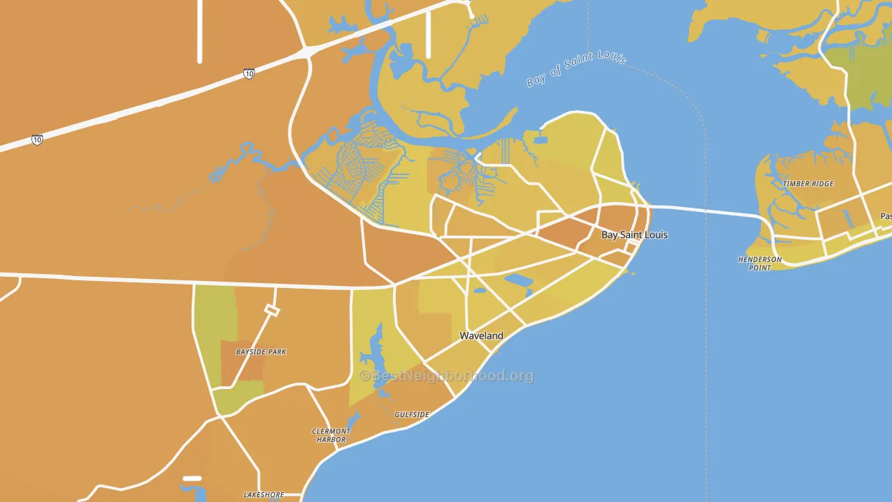 Map of the best neighborhoods in the Bay St. Louis area, with better matches in green and worse matches in red