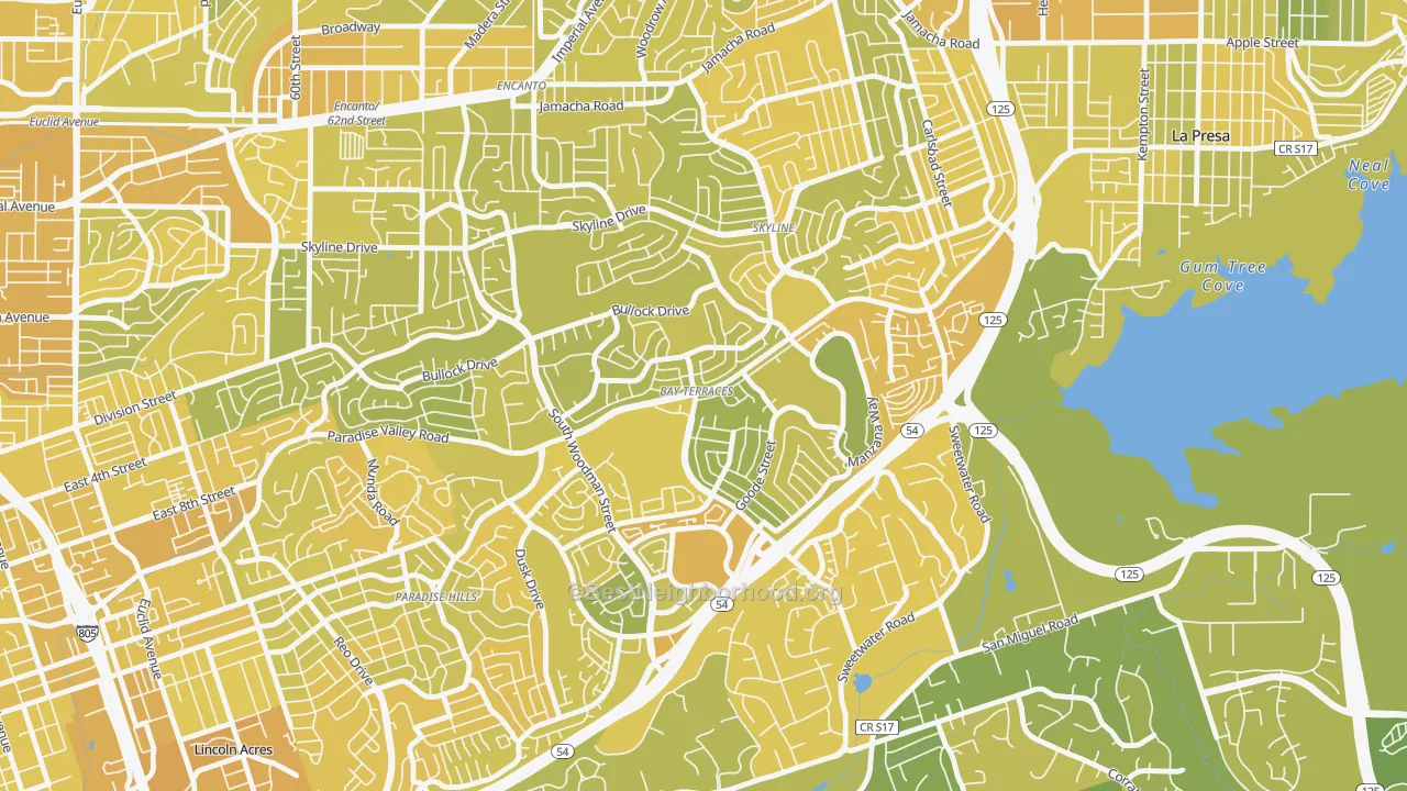 Map of the best neighborhoods in the Bay Terraces, San Diego area, with better matches in green and worse matches in red